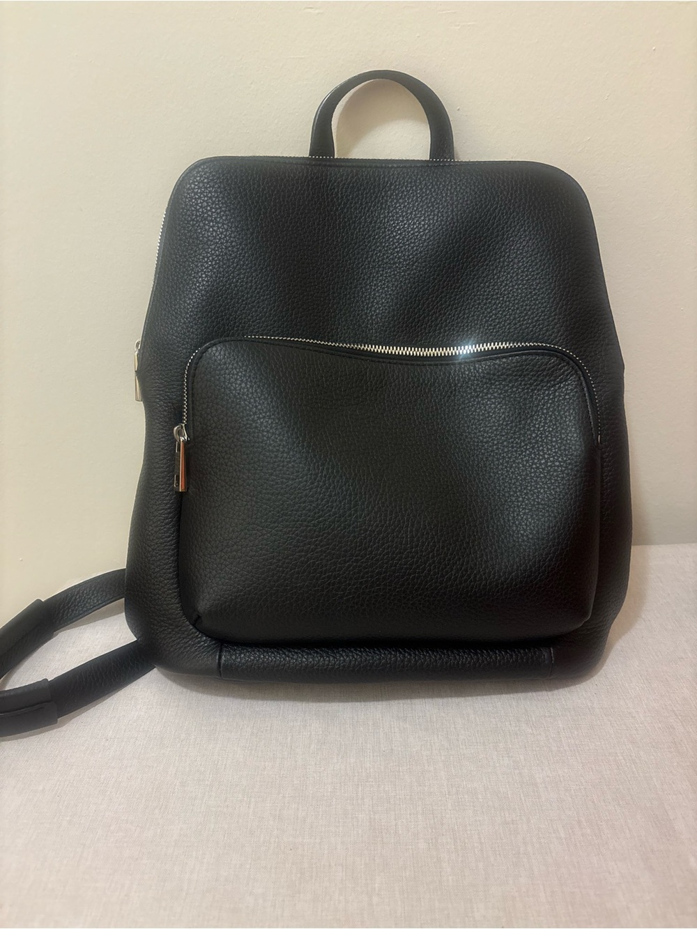 Quince Black Pebbled Leather Backpack with Front Zip Pocket